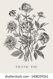 Vintage vector floral illustration. Flower arrangement. Peonies. Black and white. Greeting card. Thank you
