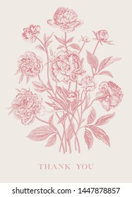 Vintage vector floral illustration. Flower arrangement. Peonies. Coral. Greeting card. Thank you
