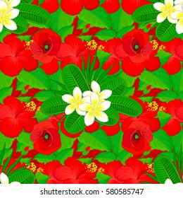 Vintage vector floral with many colorfil flowers over red background.