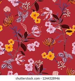 Vintage vector  Floral pattern in the many kind of flowers. Botanical  Seamless vector texture. For fashion fabric Printing with in hand drawn style on retro red background.