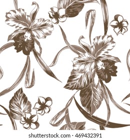 Vintage vector floral pattern. Not trace - hand drawn illustration like a trace. Tropical orchids flowers with plants.