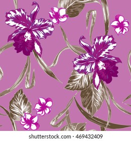 Vintage vector floral pattern. Not trace - hand drawn illustration like a trace. Tropical orchids flowers with plants.