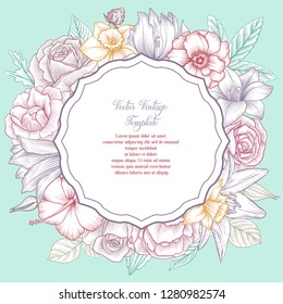 vintage vector floral round template with flowers and leaves, hand drawn background for cover design, flyer or gift crad