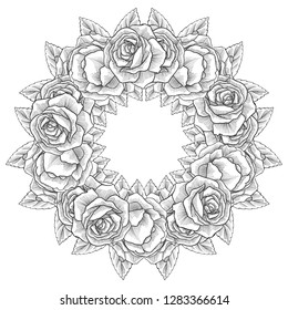 vintage vector floral round template with rose flowers and leaves, hand drawn background for cover design, flyer or gift crad