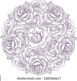 vintage vector floral round template with rose flowers and leaves, hand drawn background for cover design, flyer or gift crad