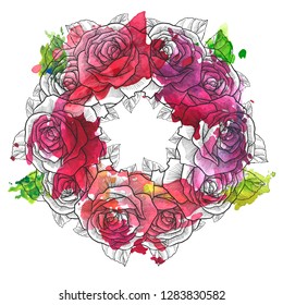 vintage vector floral round template with rose flowers and watercolor paint stains, hand drawn background for cover design, flyer or gift crad