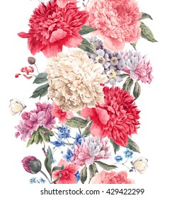 Vintage vector floral seamless border, Bouquet of peonies and wild flowers, Watercolor botanical natural peonies Illustration. Summer floral peonies greeting card