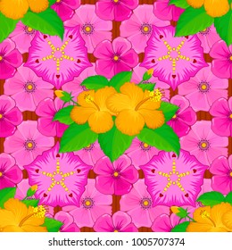 Vintage vector floral seamless pattern in green, pink and magenta colors.