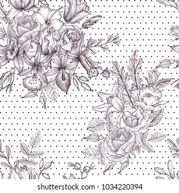 vintage vector floral seamless pattern with flowers and leaves, imitation of engraving, hand drawn background