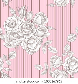 vintage vector floral seamless pattern with flowers and leaves, imitation of engraving, hand drawn background