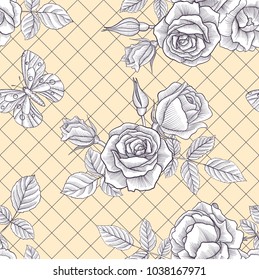 vintage vector floral seamless pattern with rose flowers and butterfly, imitation of engraving, hand drawn background