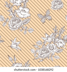 vintage vector floral seamless pattern with rose flowers and butterfly, imitation of engraving, hand drawn background