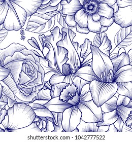 vintage vector floral seamless pattern with flowers and leaves, imitation of engraving, hand drawn background