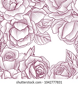 vintage vector floral seamless pattern with flowers and leaves, imitation of engraving, hand drawn background