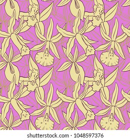 vintage vector floral seamless pattern with flowers and leaves, imitation of engraving, hand drawn background