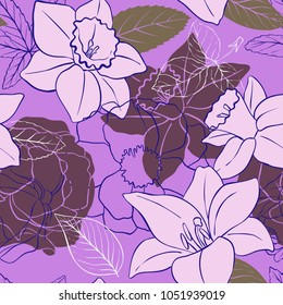 vintage vector floral seamless pattern with flowers and leaves, imitation of engraving, hand drawn background