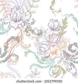 vintage vector floral seamless pattern with flowers and leaves, imitation of engraving, hand drawn background