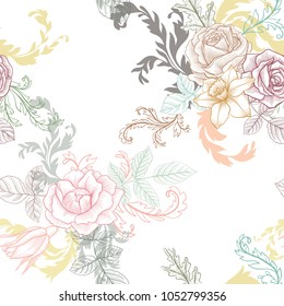 vintage vector floral seamless pattern with flowers and leaves, imitation of engraving, hand drawn background
