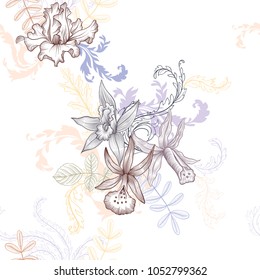 vintage vector floral seamless pattern with flowers and leaves, imitation of engraving, hand drawn background