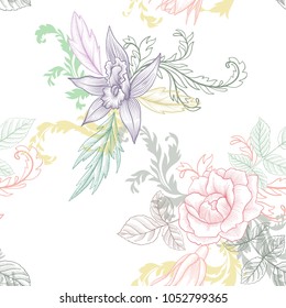 vintage vector floral seamless pattern with flowers and leaves, imitation of engraving, hand drawn background