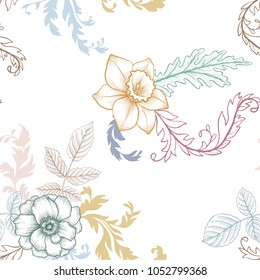 vintage vector floral seamless pattern with flowers and leaves, imitation of engraving, hand drawn background