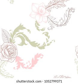 vintage vector floral seamless pattern with flowers and leaves, imitation of engraving, hand drawn background