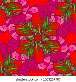 Vintage vector floral seamless pattern in red, magenta and green colors.
