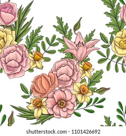 vintage vector floral seamless pattern with flowers, buds and leaves of roses, , hand drawn design illustration