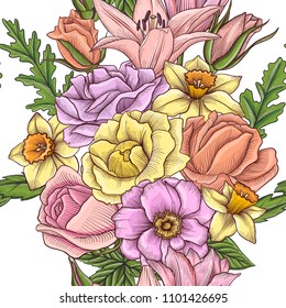 vintage vector floral seamless pattern with flowers, buds and leaves of roses, , hand drawn design illustration