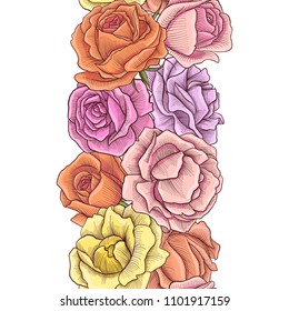 vintage vector floral seamless pattern with flowers of roses, hand drawn design illustration