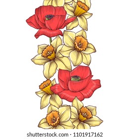 vintage vector floral seamless pattern with flowers of narcissus and red poppies, hand drawn design illustration