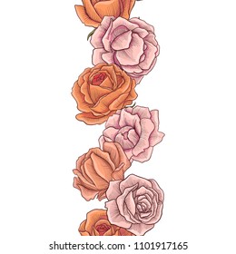 vintage vector floral seamless pattern with flowers of roses, hand drawn design illustration