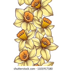 vintage vector floral seamless pattern with flowers of narcissus, hand drawn design illustration