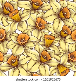 vintage vector floral seamless pattern with flowers of narcissus, hand drawn design illustration