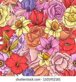 vintage vector floral seamless pattern with flowers of roses, hand drawn design illustration