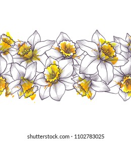 vintage vector floral seamless pattern with narcissus flowers and watercolor paint stains, hand drawn background