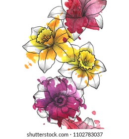 vintage vector floral seamless pattern with rose and narcissus flowers and watercolor paint stains, hand drawn background