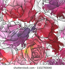 vintage vector floral seamless pattern with rose flowers and watercolor paint stains, hand drawn background