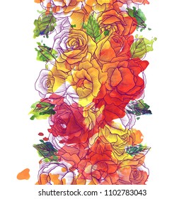 vintage vector floral seamless pattern with rose flowers and watercolor paint stains, hand drawn background