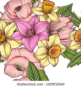 vintage vector floral seamless pattern with flowers, hand drawn design illustration
