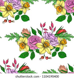 vintage vector floral seamless pattern with flowers of roses, hand drawn design illustration