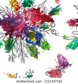 vintage vector floral seamless pattern with rose flowers, butterflies and watercolor paint stains, hand drawn background