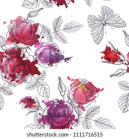 vintage vector floral seamless pattern with rose flowers, butterflies and watercolor paint stains, hand drawn background