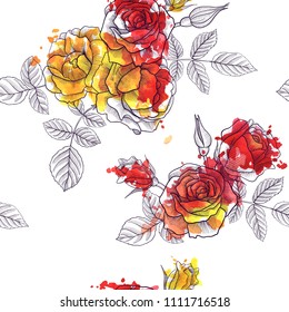vintage vector floral seamless pattern with rose flowers and watercolor paint stains, hand drawn background