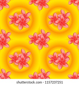 Vintage vector floral seamless pattern in yellow, pink and orange colors. Intersecting curved elegant stylized plumeria flowers, leaves and scrolls forming floral ornament in Arabic style.