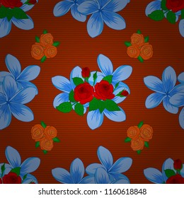 Vintage vector floral seamless pattern in brown, orange and blue colors. Intersecting curved elegant stylized plumeria flowers, leaves and scrolls forming floral ornament in Arabic style.