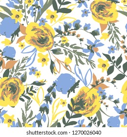 Vintage Vector Floral Seamless Pattern with Wildflowers, Natural Summer Illustration, Blue and Yellow Flowers
