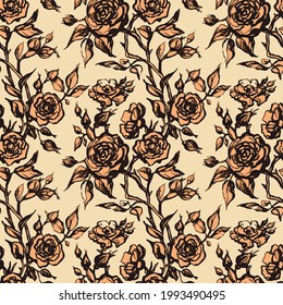 vintage vector floral seamless pattern in victorian style with flowers, buds and leaves of roses. Ink line art monochrome drawing. Hand drawn roses print on light yellow background.