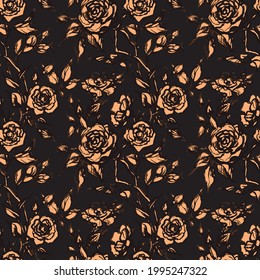 vintage vector floral seamless pattern in victorian style with flowers, buds and leaves of roses. Ink line art monochrome drawing. Hand drawn roses print,texture on black background.