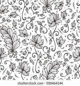 Vintage Vector Floral Seamless pattern. Hand drawn Decorative Leaves with Flower.   Ornamental Leaf background.